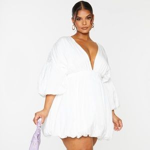 Plus White Puff Sleeve Puffball Hem Dress